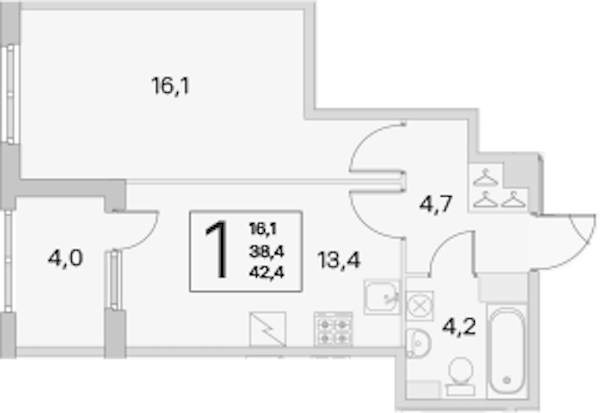1-комнатная квартира 38.4 м², 4/5 эт., ЖК «ЮгТаун. Олимпийские кварталы»